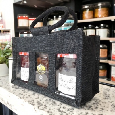 3 JAR JUTE BAG with Window, Partition and Cotton Corded Handles - 24x10x14cm high - BLACK
